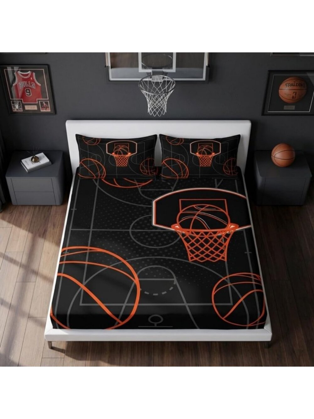 Basketball Court Queen Bedding Set - Fitted Sheet & 2 Pillowcases for Sports
